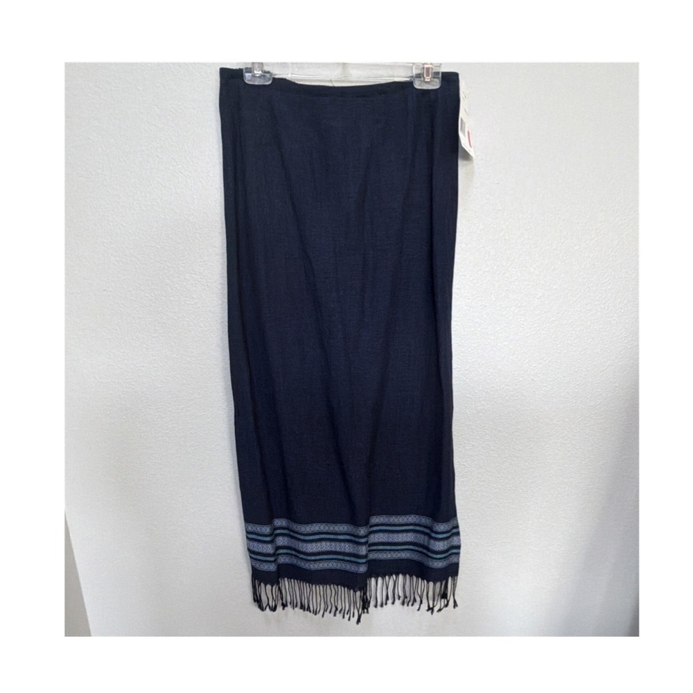 Liz Claiborne Navy Striped Fringe Long Skirt Linen Blend M. Boho. Country. Y2K